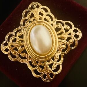 Vintage Gold and Pearl Filigree Cross Brooch